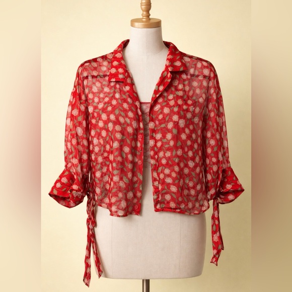 The Kooples Tops - The Kooples Red Floral Sheer Women's Top